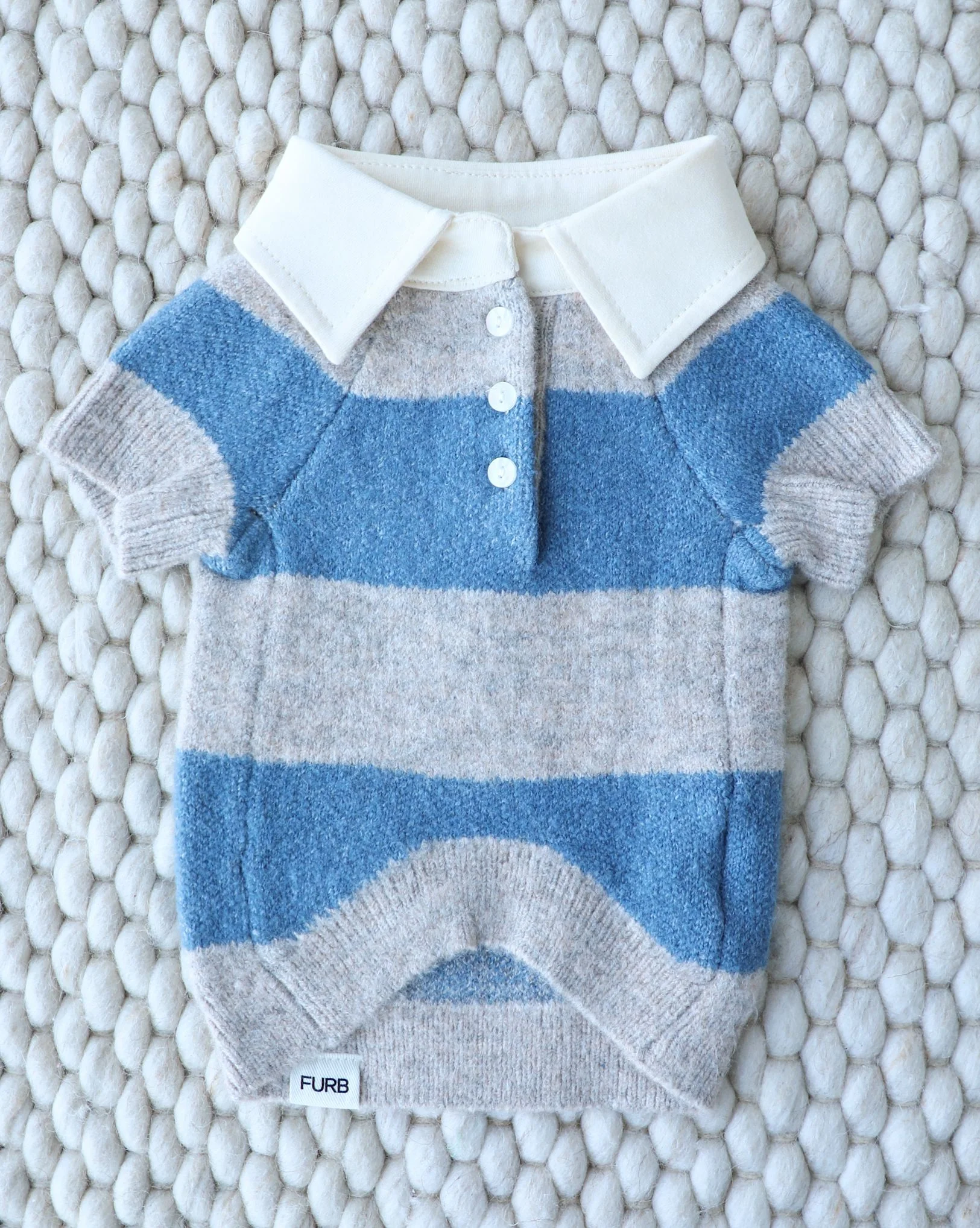 Prep School Pup Blue + Grey Striped Rugby Sweater